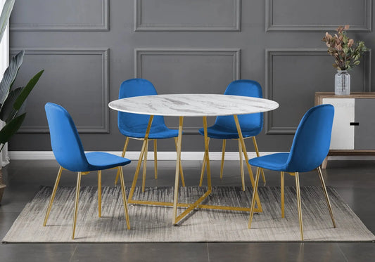 Ensemble table et chaises dorées velours bleu GINA New Design