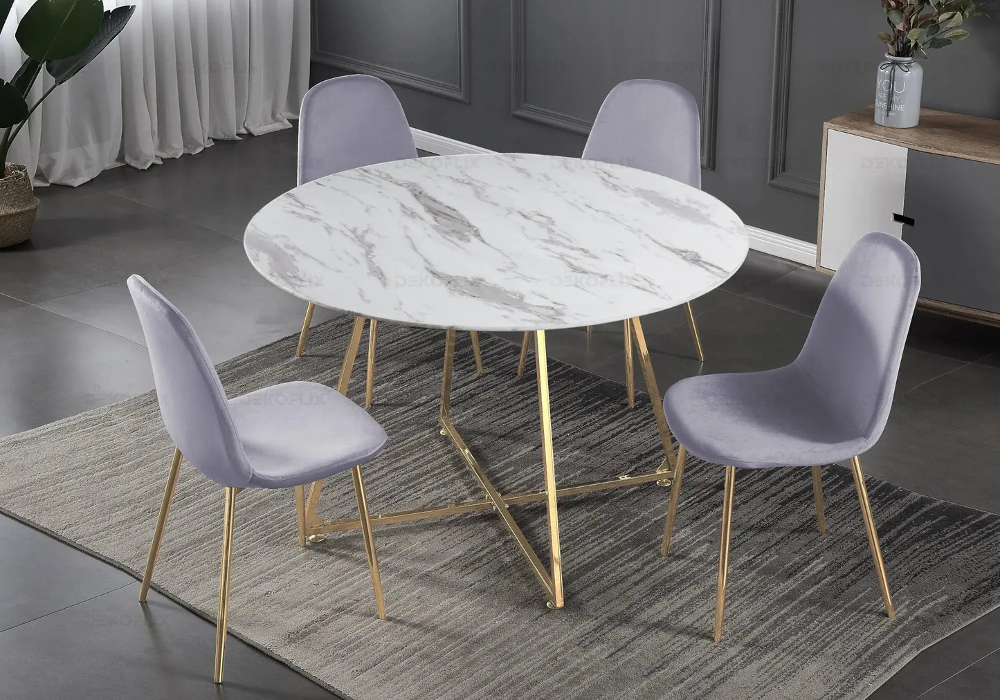 Ensemble table et chaises dorées velours gris GINA New Design