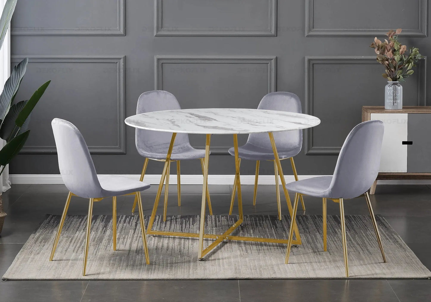 Ensemble table et chaises dorées velours gris GINA New Design