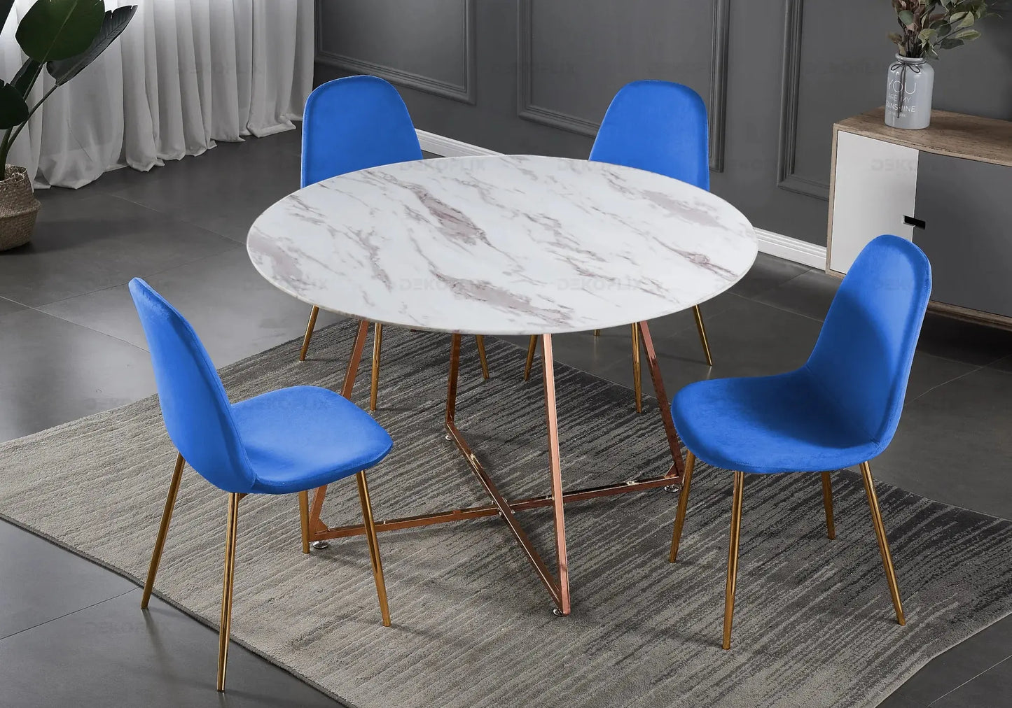 Ensemble table et chaises laiton velours bleu GINA New Design