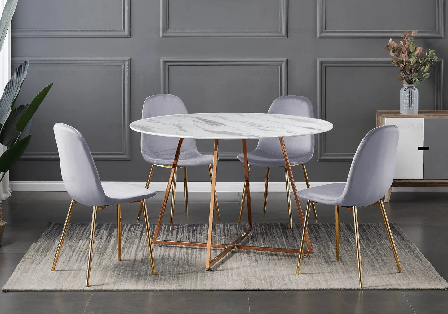 Ensemble table et chaises laiton velours gris GINA New Design