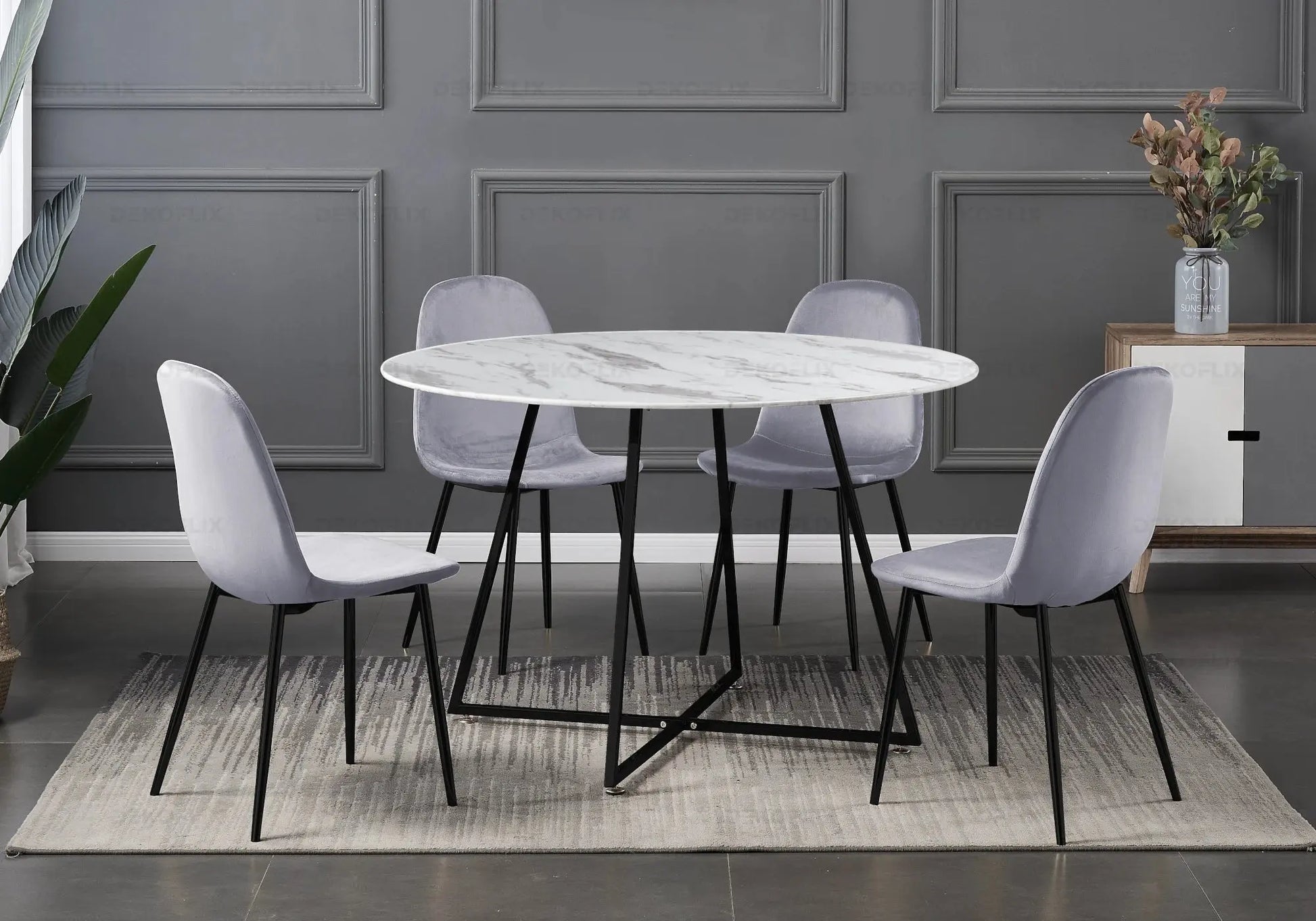 Ensemble table et chaises noires velours gris GINA New Design