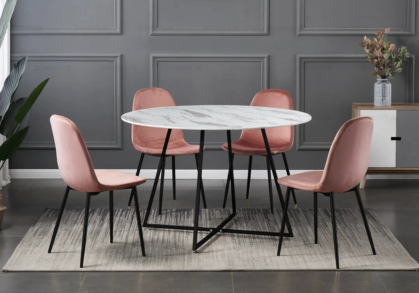 Ensemble table et chaises noires velours rose GINA New Design