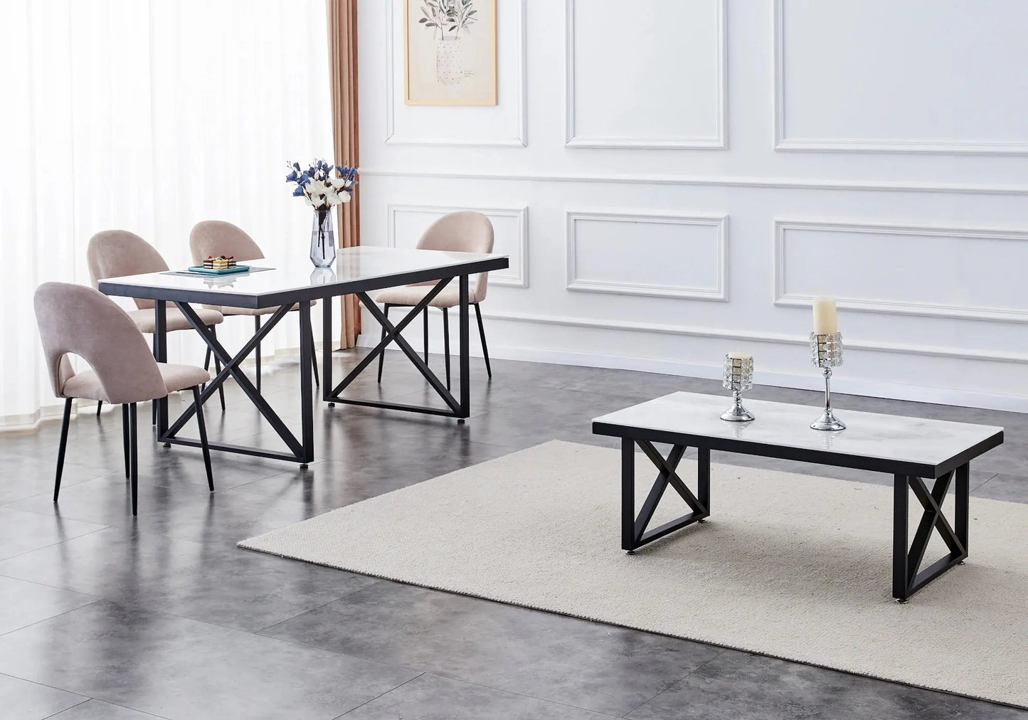 Ensemble table et chaises noires velours taupe CLARA New Design