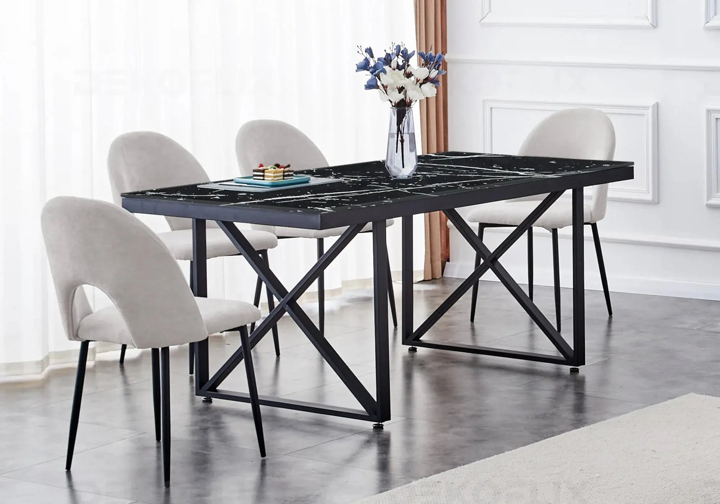 Ensemble table et chaises noires velours taupe CLARA New Design