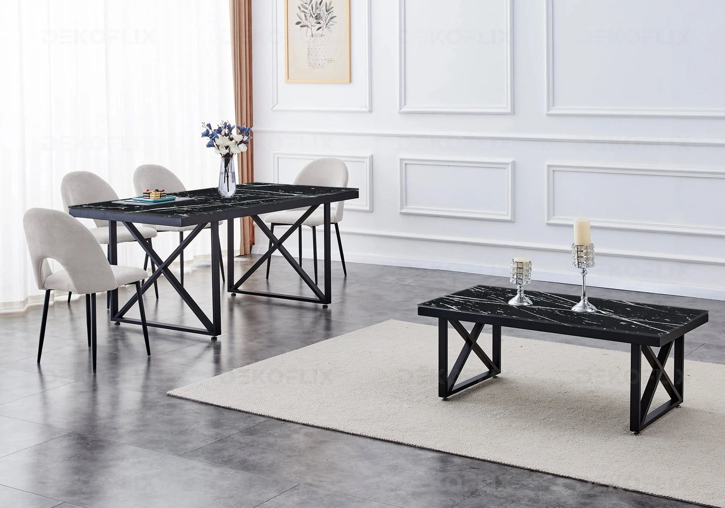 Ensemble table et chaises noires velours taupe CLARA New Design