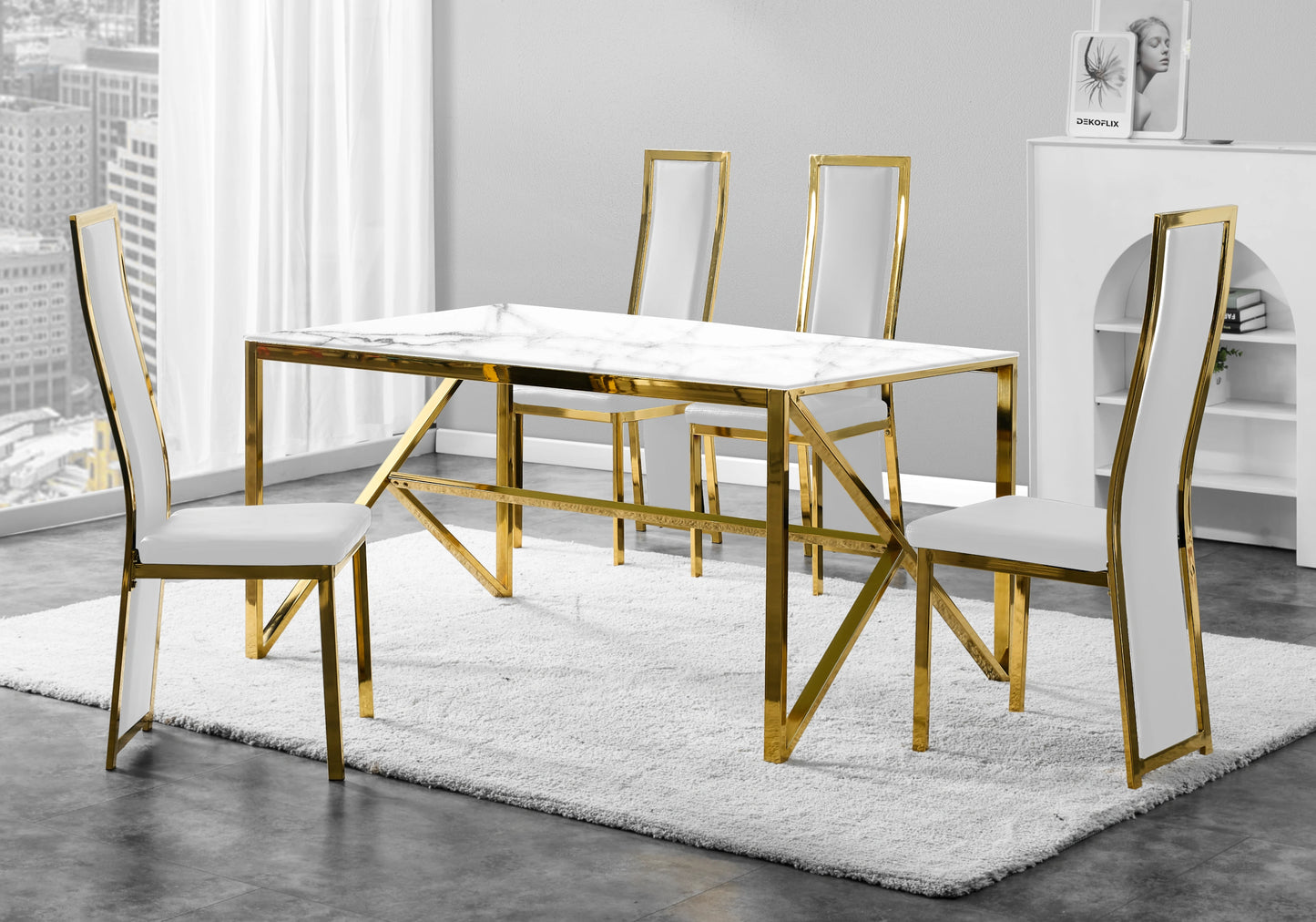 Table marbre blanc et 6 chaises simili-cuir doré – Jessy