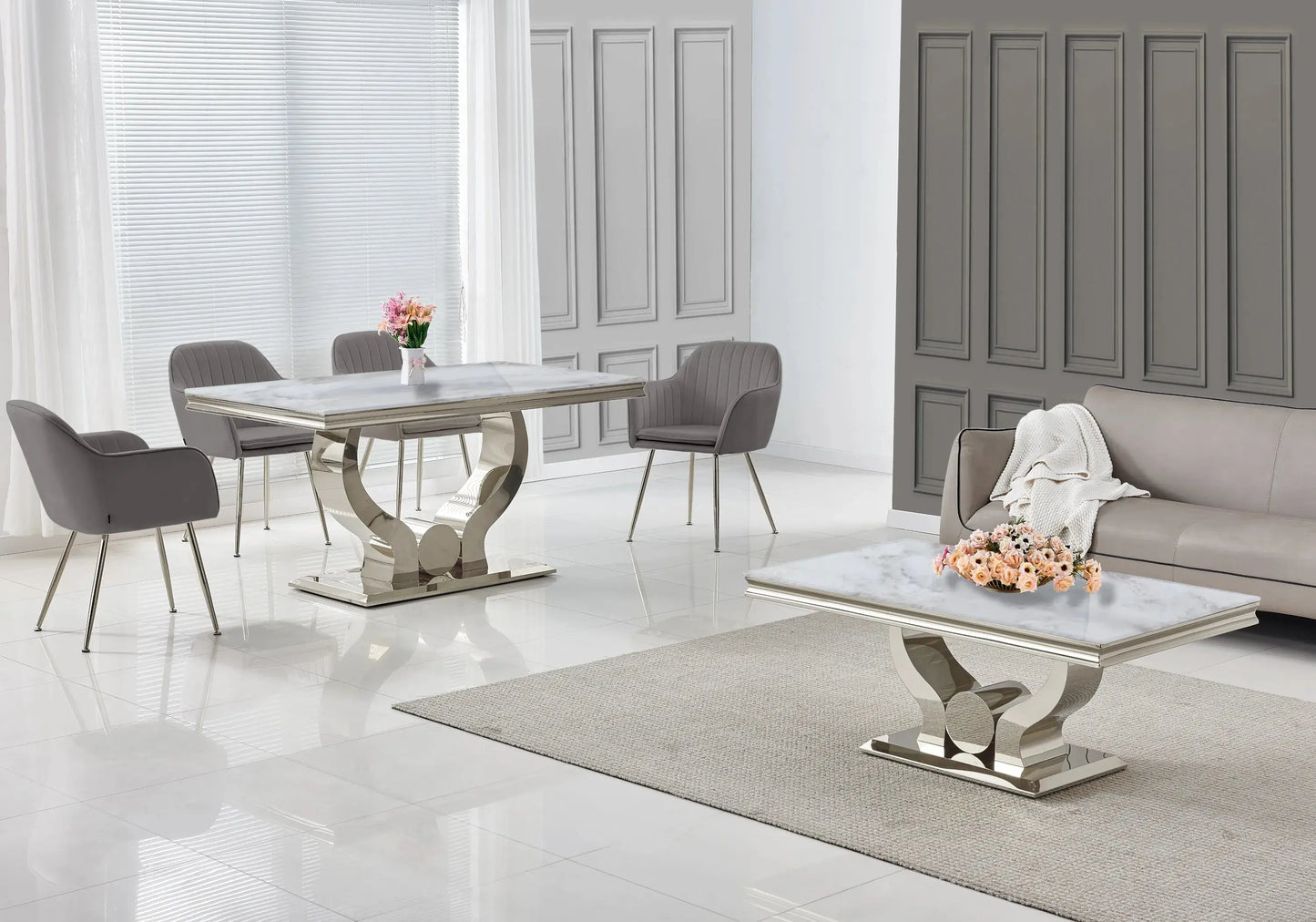 Ensemble table marbre beige et chaises anthracite NEA New Design