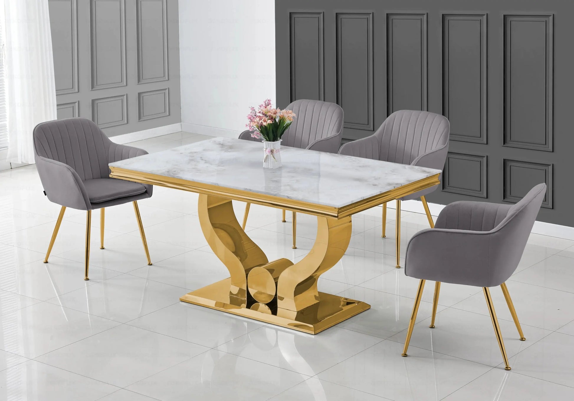 Ensemble table marbre beige et chaises anthracite doré NEA New Design