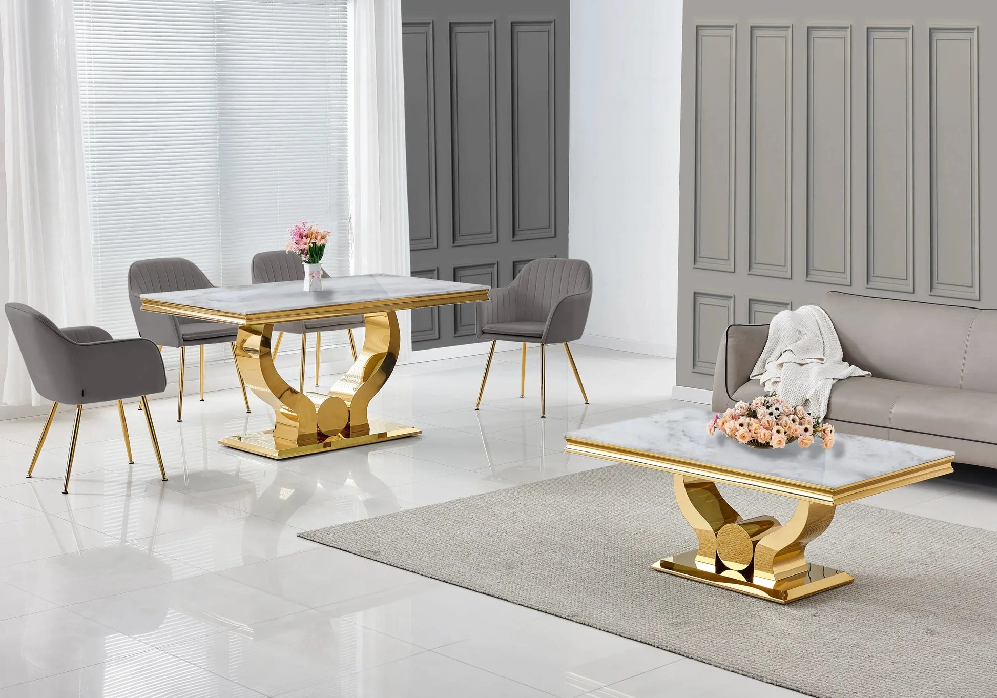 Ensemble table marbre beige et chaises anthracite doré NEA New Design