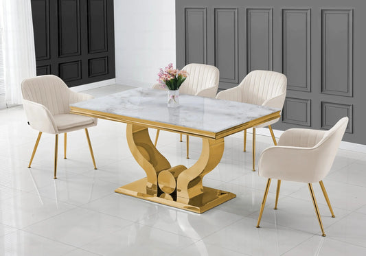 Ensemble table marbre beige et chaises beige doré NEA New Design