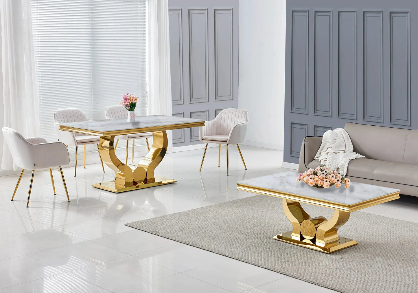 Ensemble table marbre beige et chaises beige doré NEA New Design