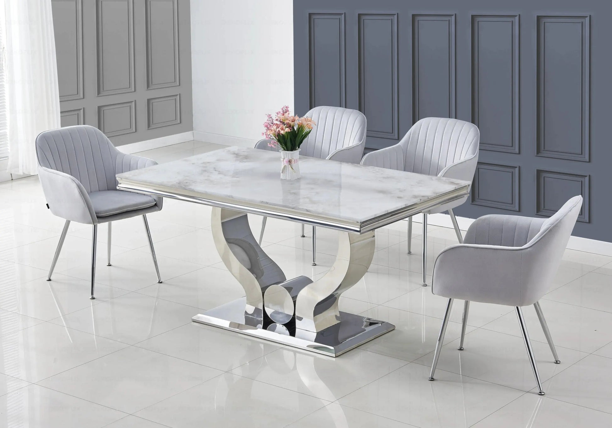 Ensemble table marbre beige et chaises gris NEA New Design