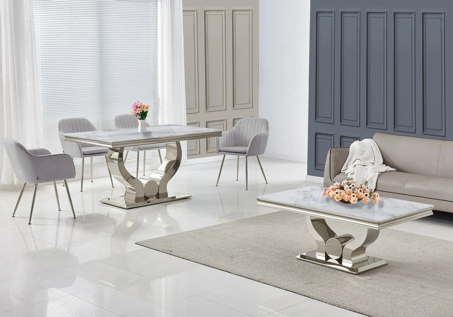 Ensemble table marbre beige et chaises gris NEA New Design