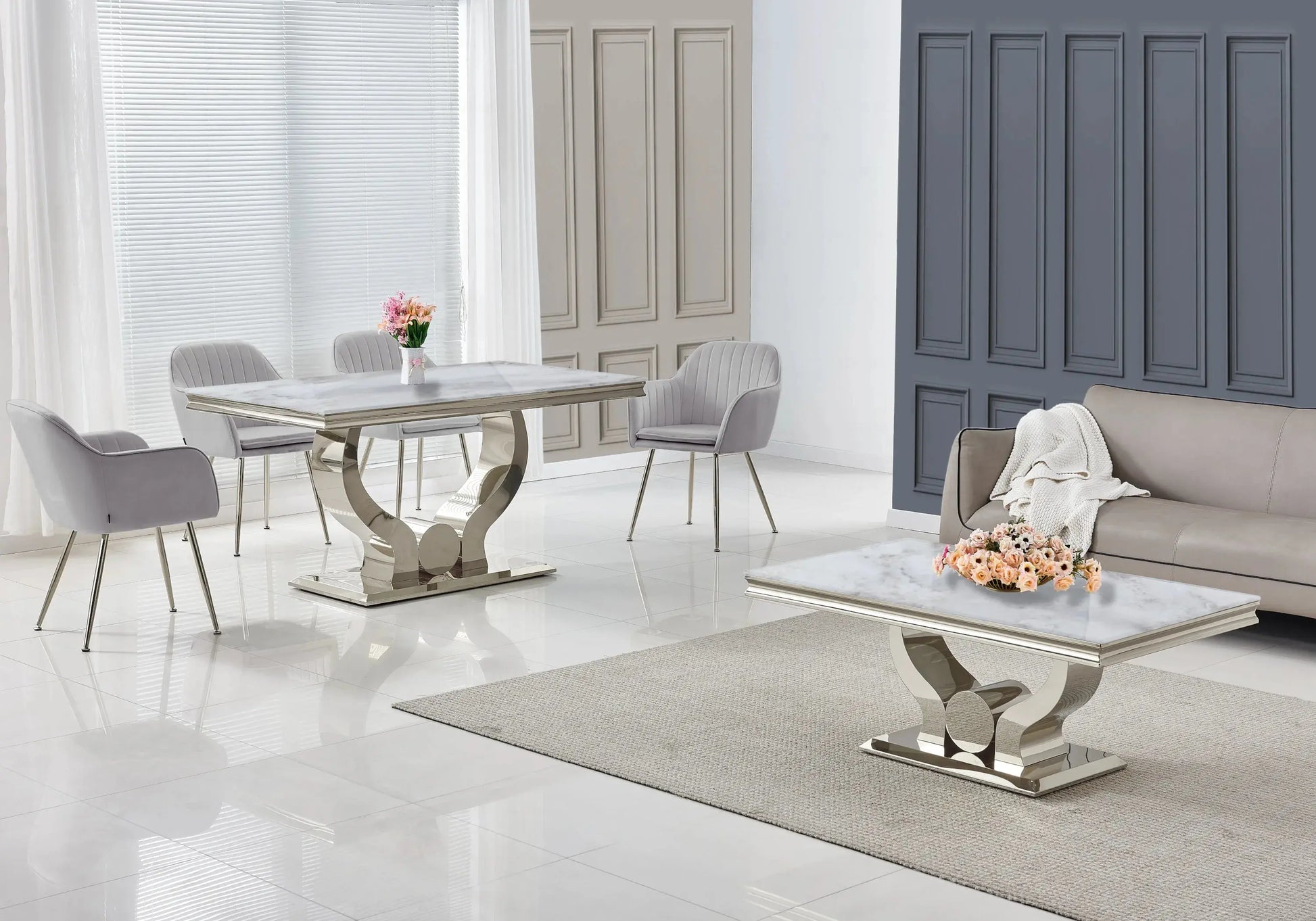 Ensemble table marbre beige et chaises gris NEA New Design