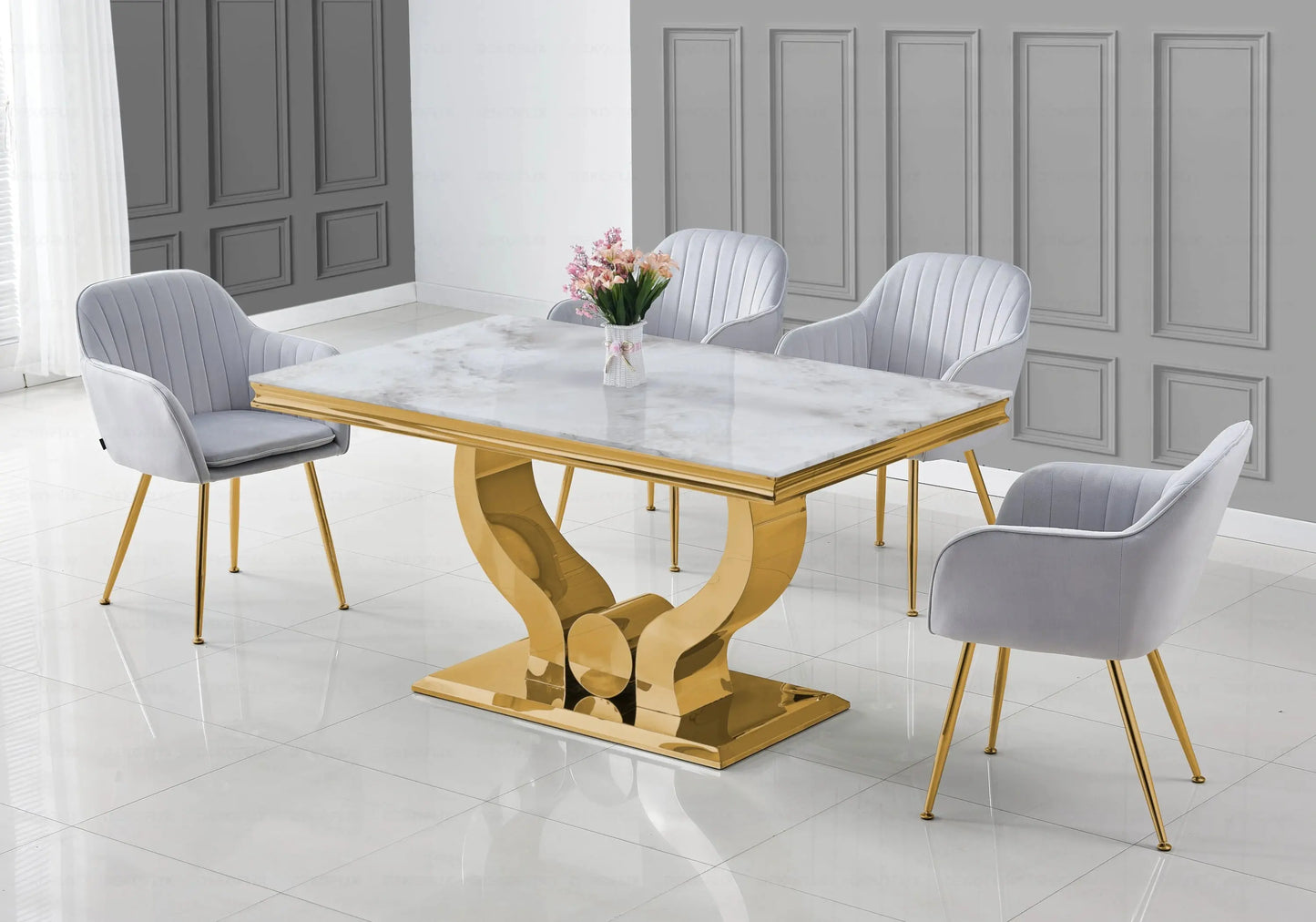 Ensemble table marbre beige et chaises gris doré NEA New Design