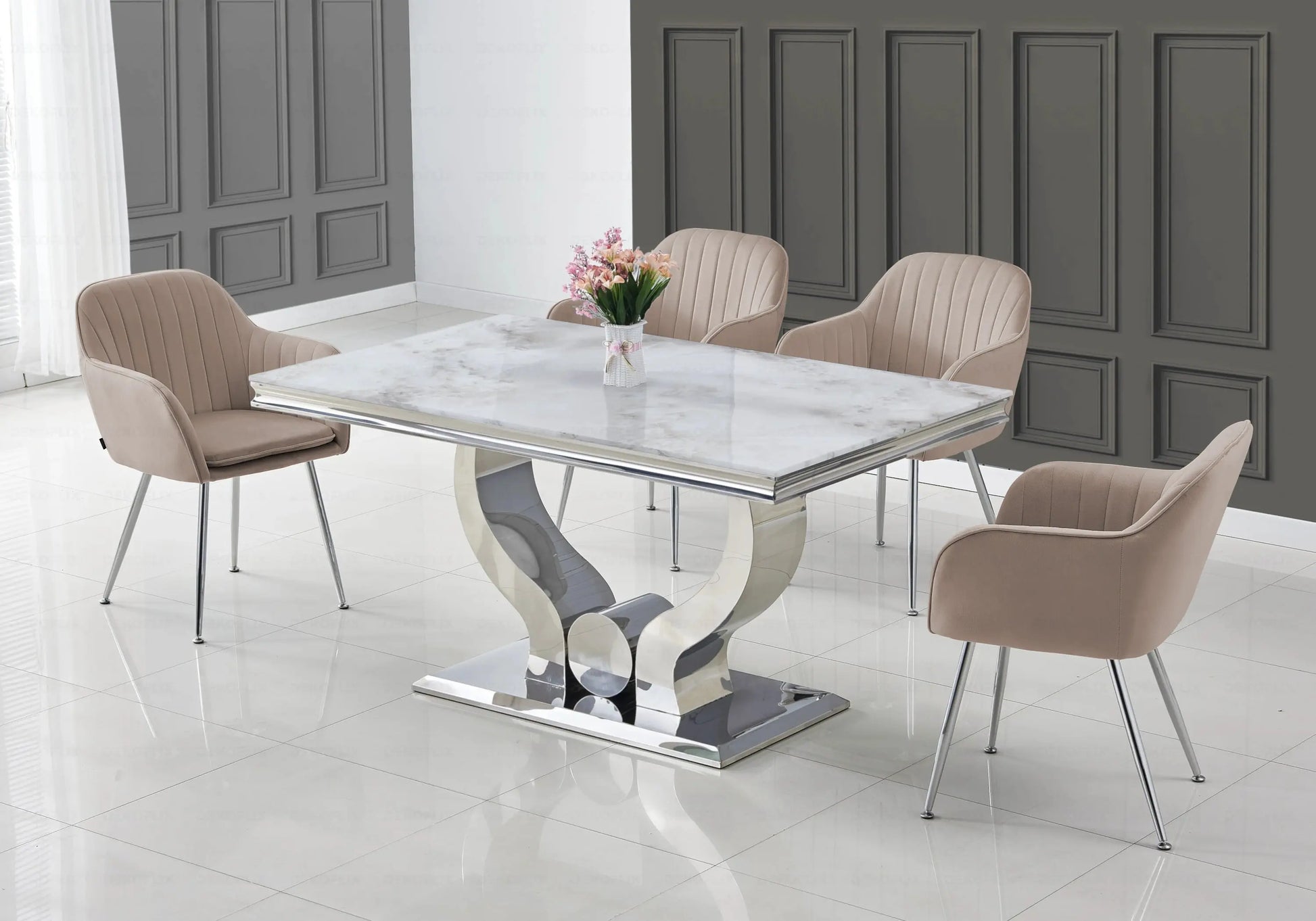 Ensemble table marbre beige et chaises taupe NEA New Design