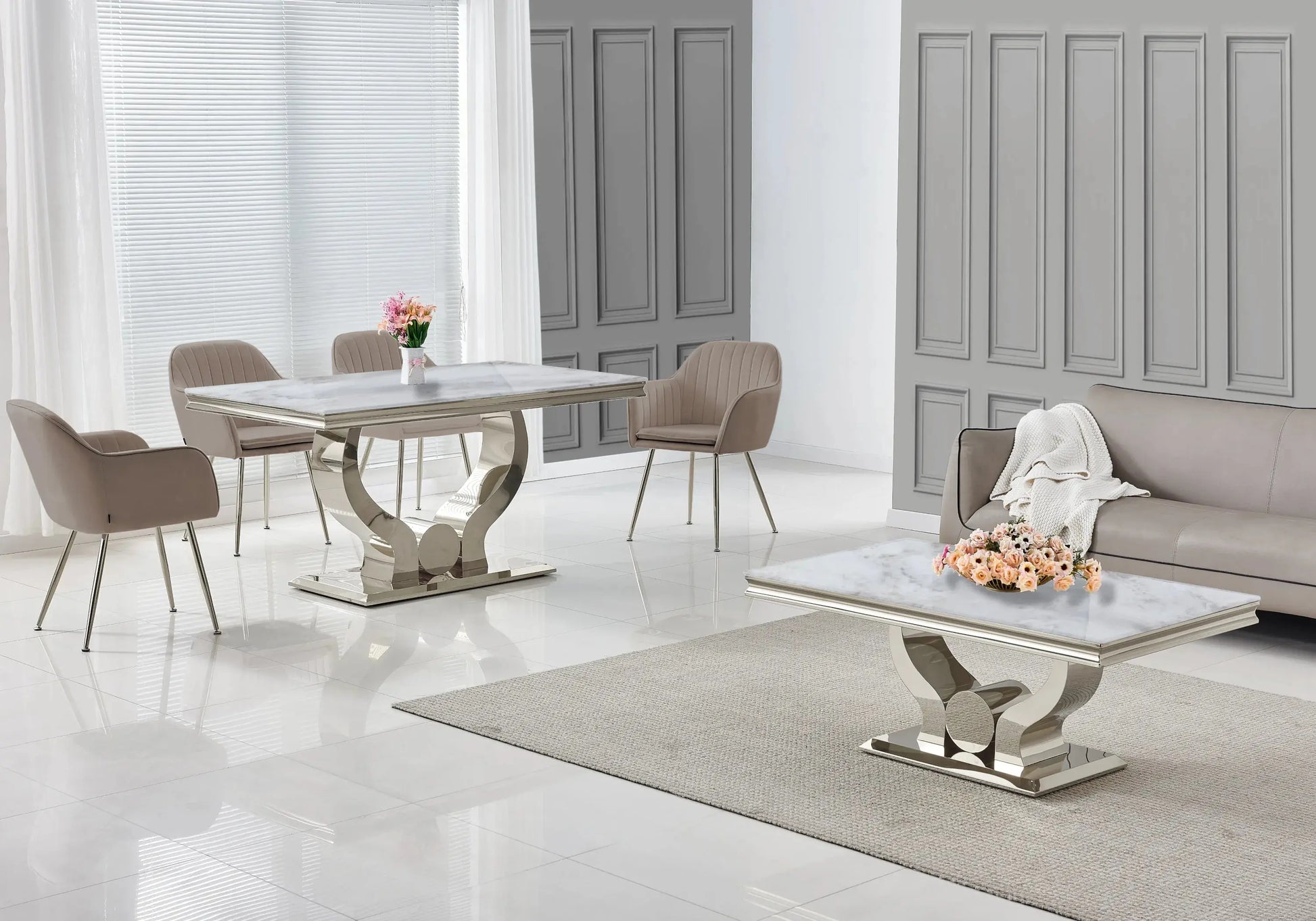 Ensemble table marbre beige et chaises taupe NEA New Design