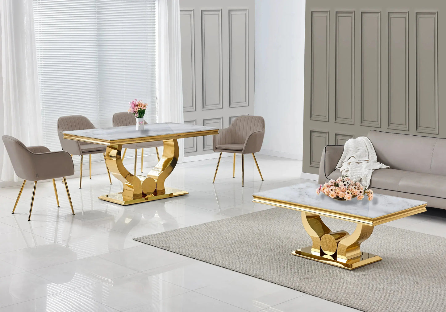 Ensemble table marbre beige et chaises taupe doré NEA New Design