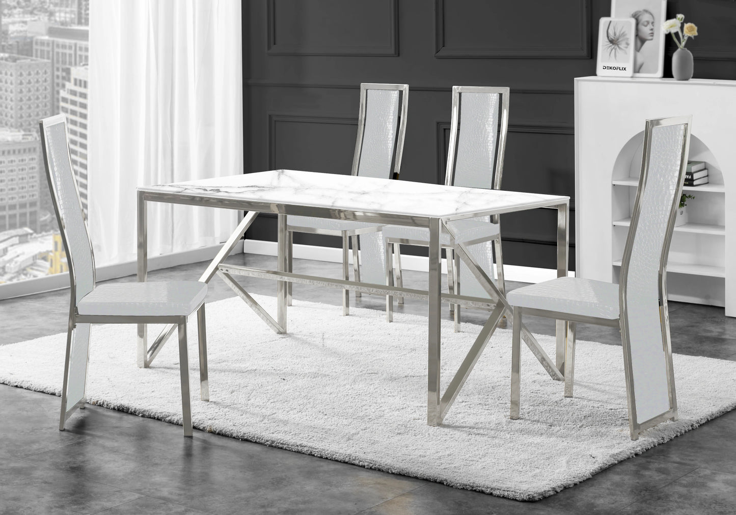 Table marbre blanc et 6 chaises croco argent – Jessy