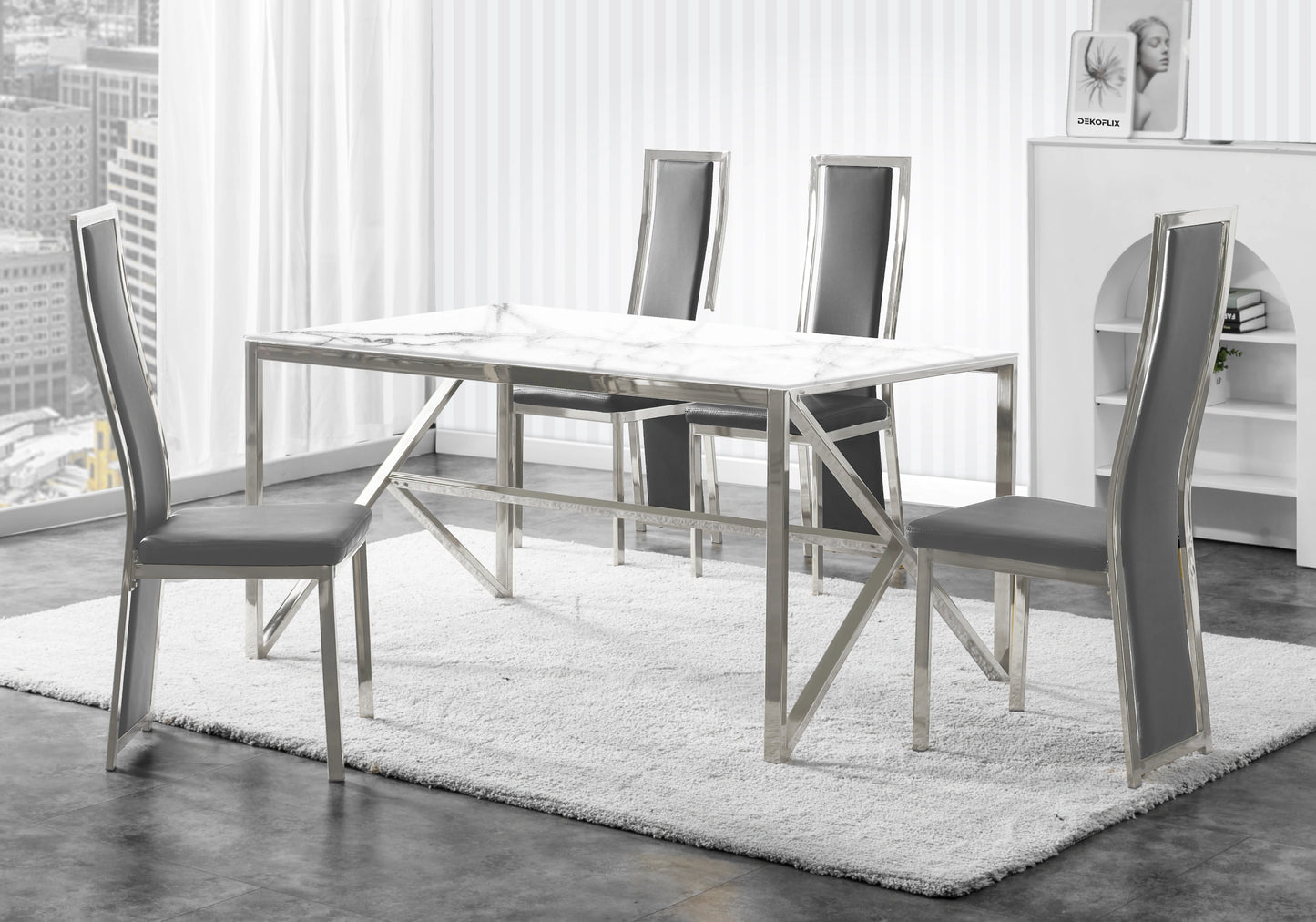 Table marbre blanc et 6 chaises simili-cuir argent – Jessy