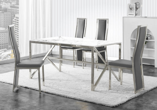 Table marbre blanc et 6 chaises simili-cuir argent – Jessy