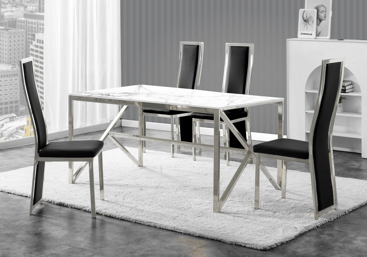 Table marbre blanc et 6 chaises simili-cuir argent – Jessy