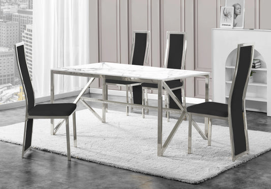 Table marbre blanc et 6 chaises velours argent – Jessy