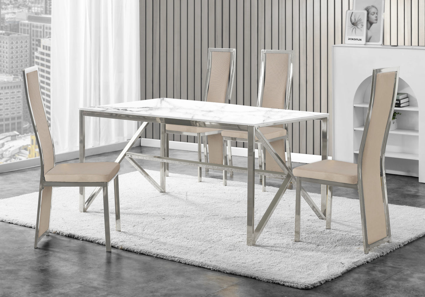 Table marbre blanc et 6 chaises velours argent – Jessy