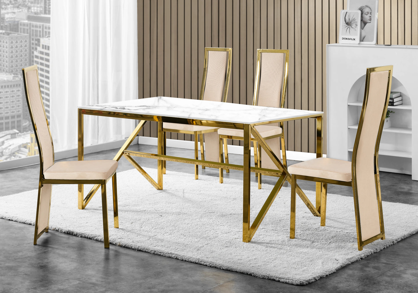 Table marbre blanc et 6 chaises velours doré – Jessy