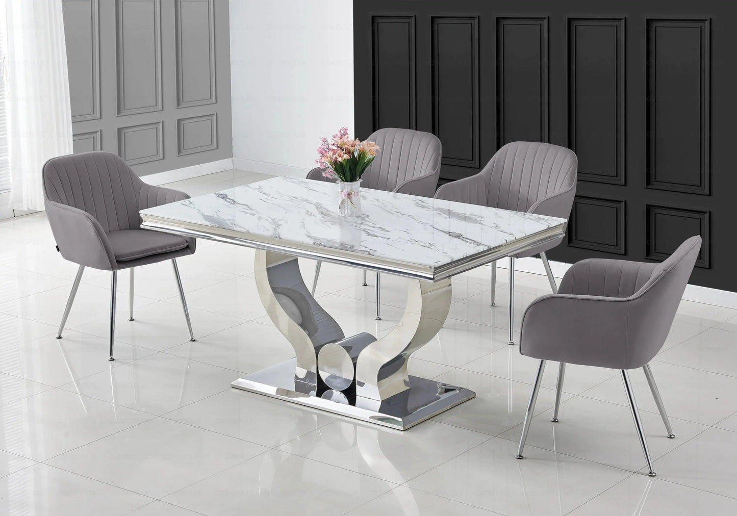 Ensemble table marbre blanc et chaises anthracite NEA New Design