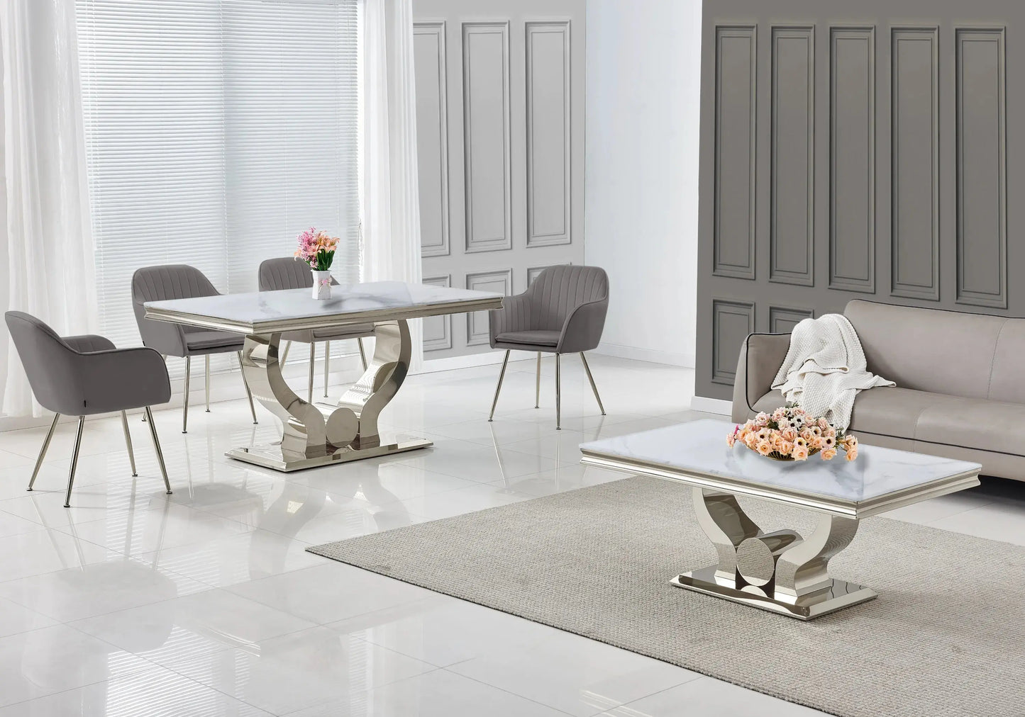 Ensemble table marbre blanc et chaises anthracite NEA New Design