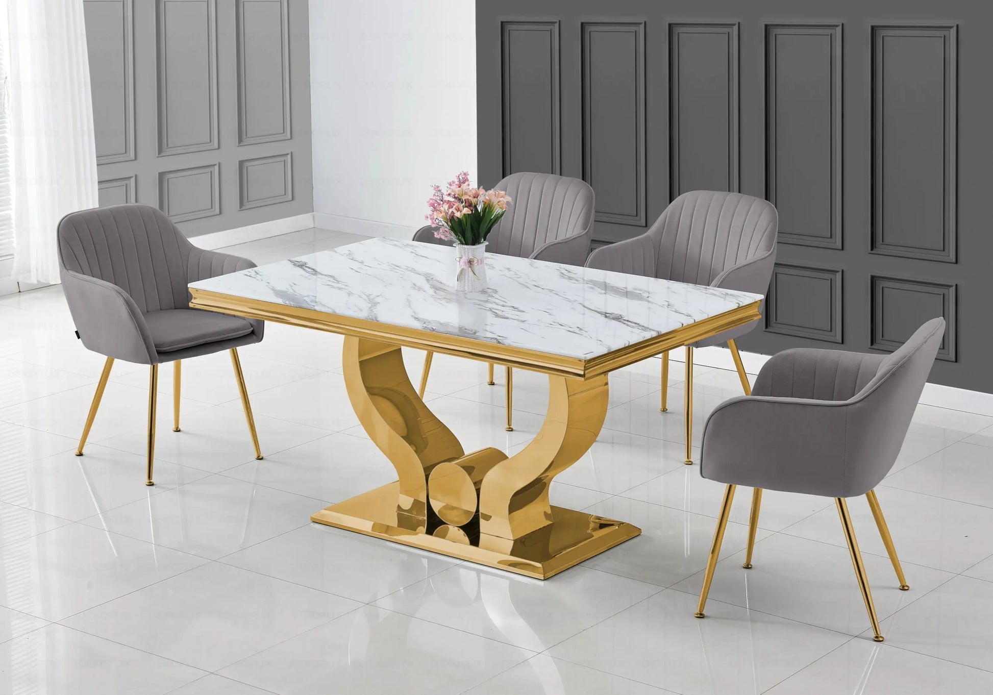 Ensemble table marbre blanc et chaises anthracite doré NEA New Design