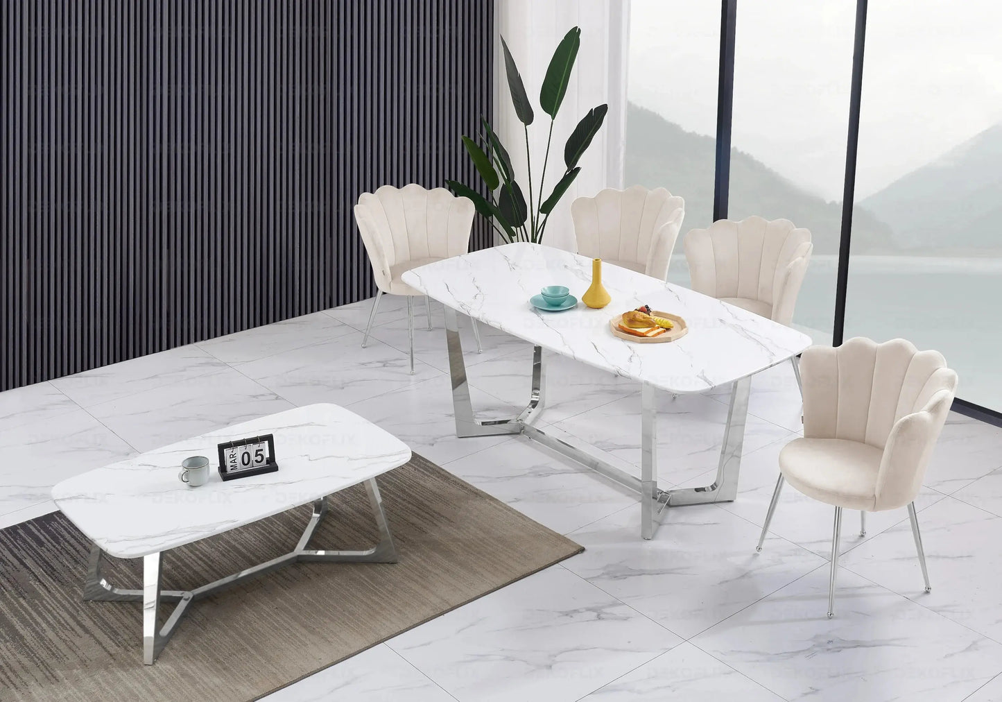 Ensemble table marbre blanc et chaises beiges GAYA New Design