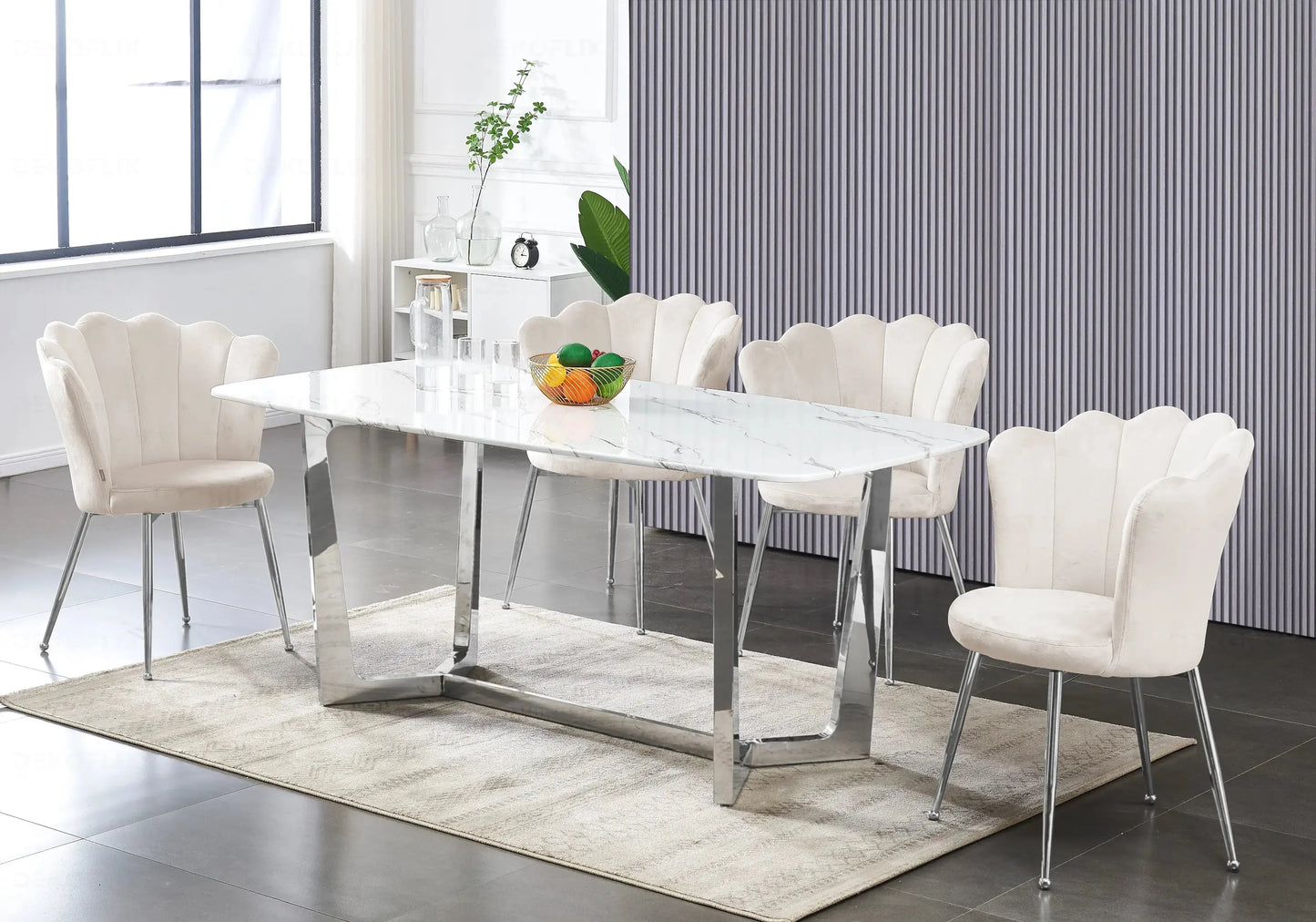 Ensemble table marbre blanc et chaises beiges GAYA New Design