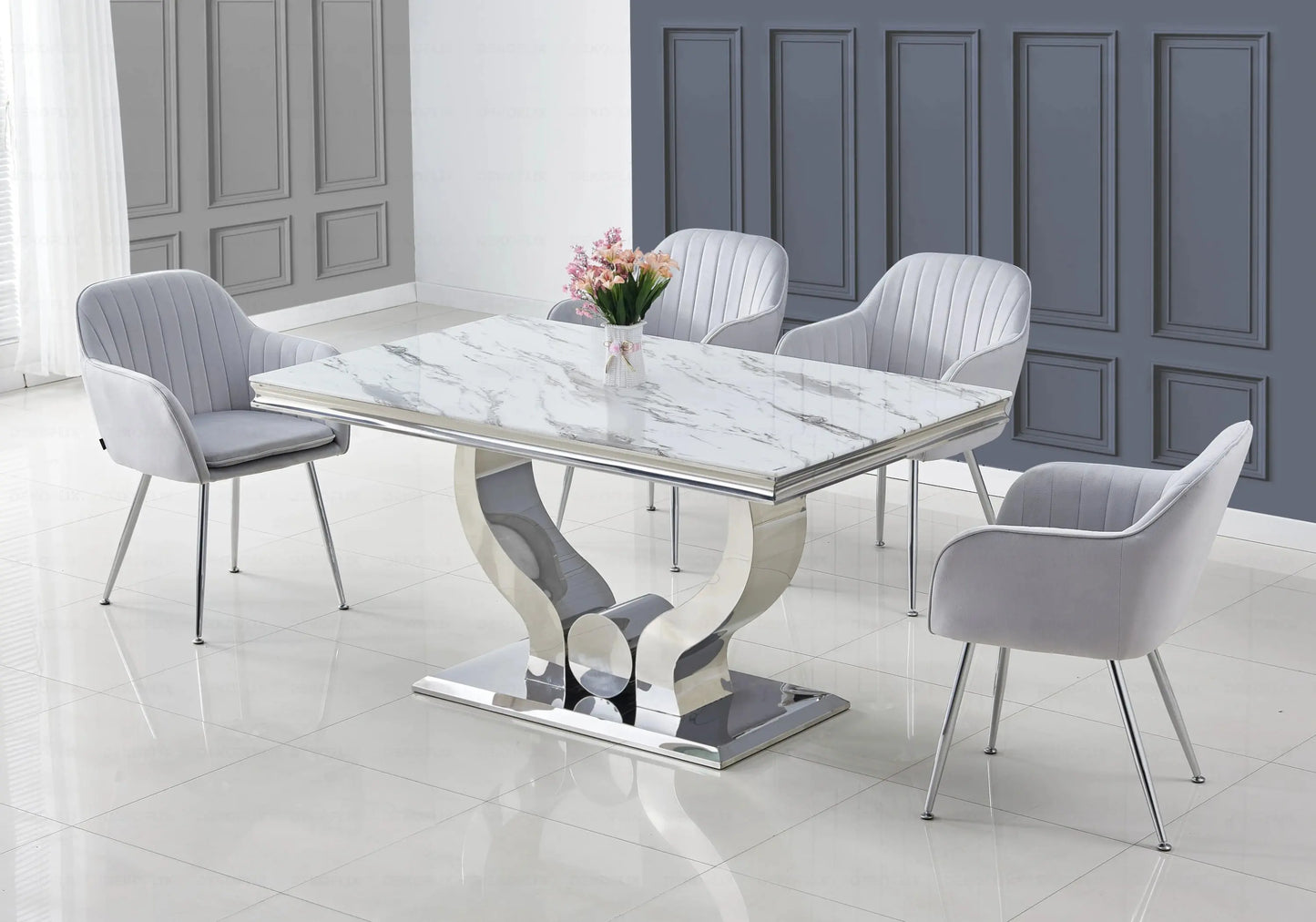 Ensemble table marbre blanc et chaises gris NEA New Design