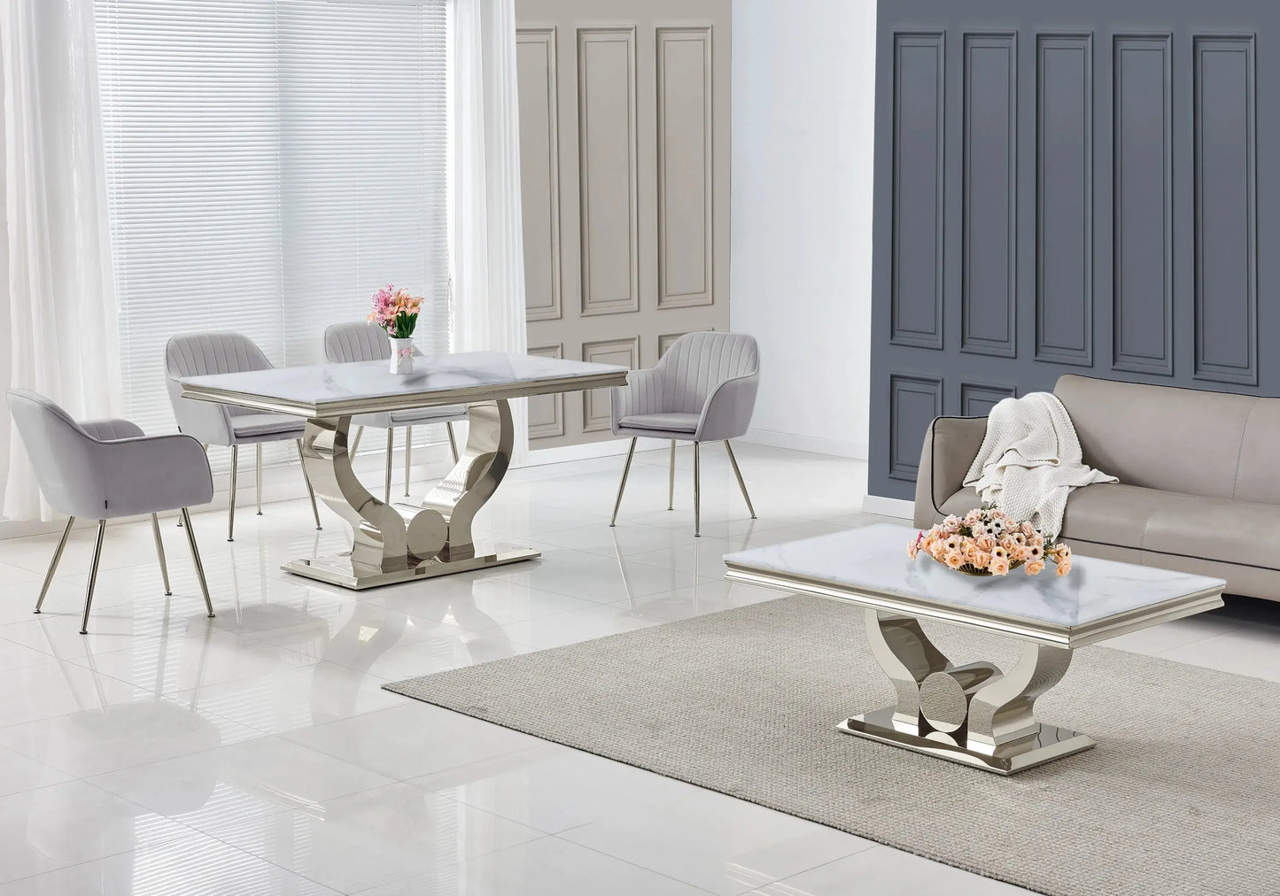 Ensemble table marbre blanc et chaises gris NEA New Design