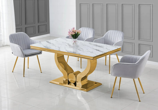 Ensemble table marbre blanc et chaises gris doré NEA New Design