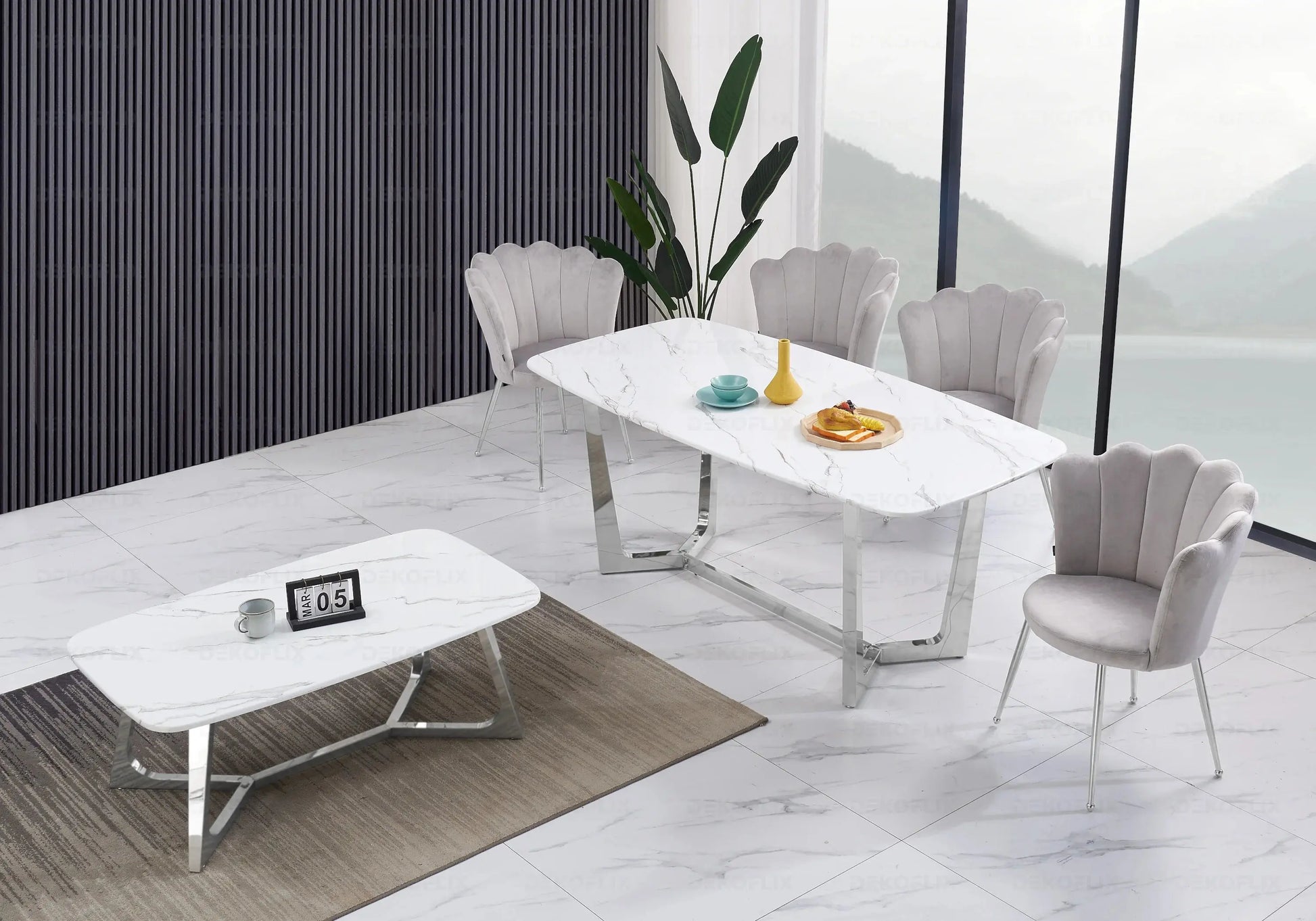 Ensemble table marbre blanc et chaises grises GAYA New Design