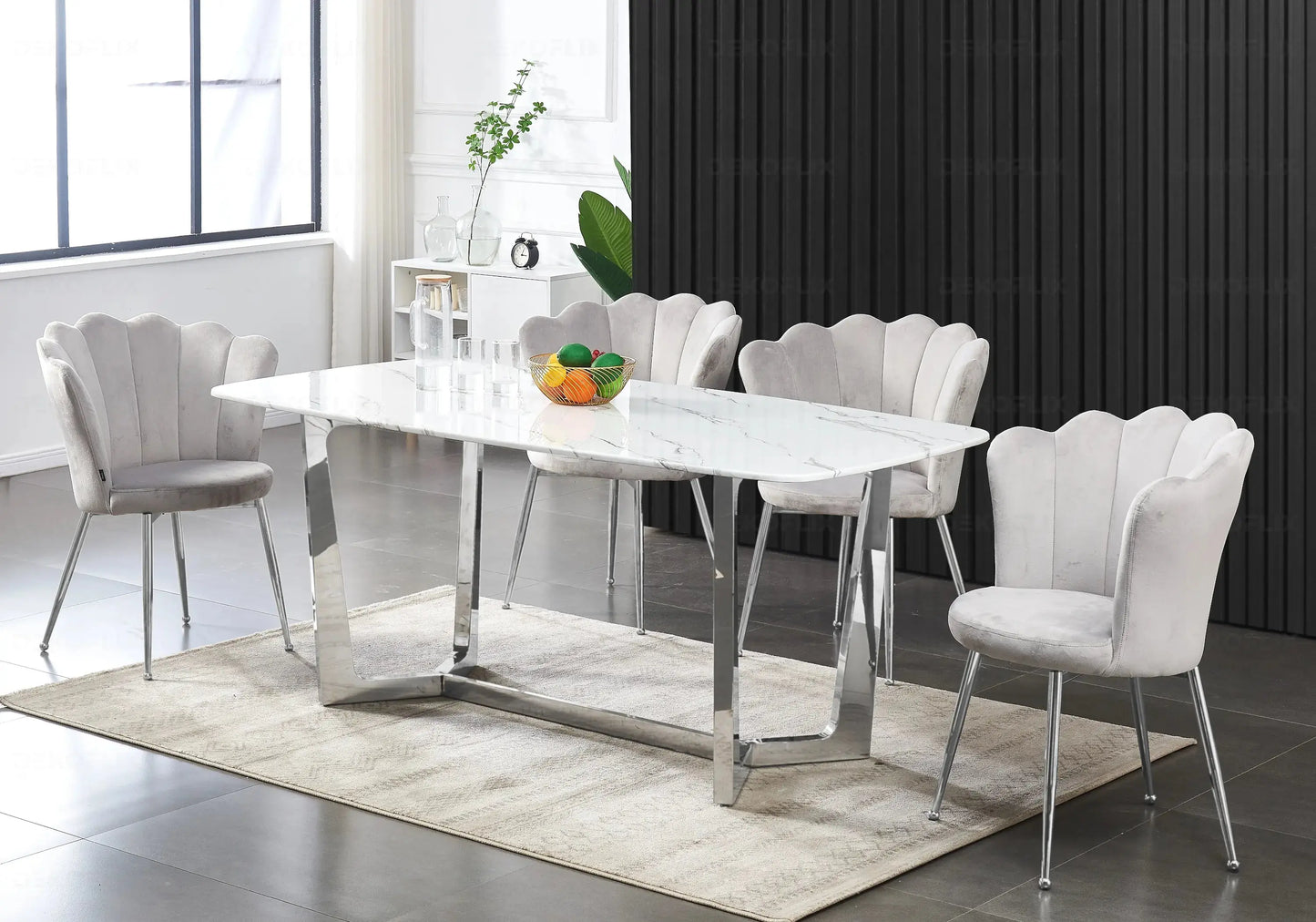 Ensemble table marbre blanc et chaises grises GAYA New Design