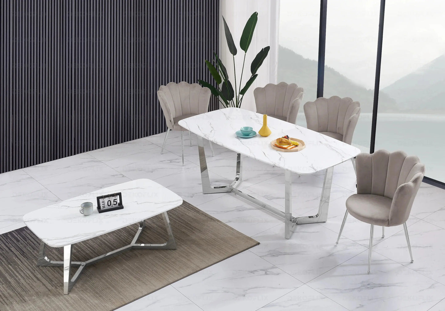 Ensemble table marbre blanc et chaises moka GAYA New Design