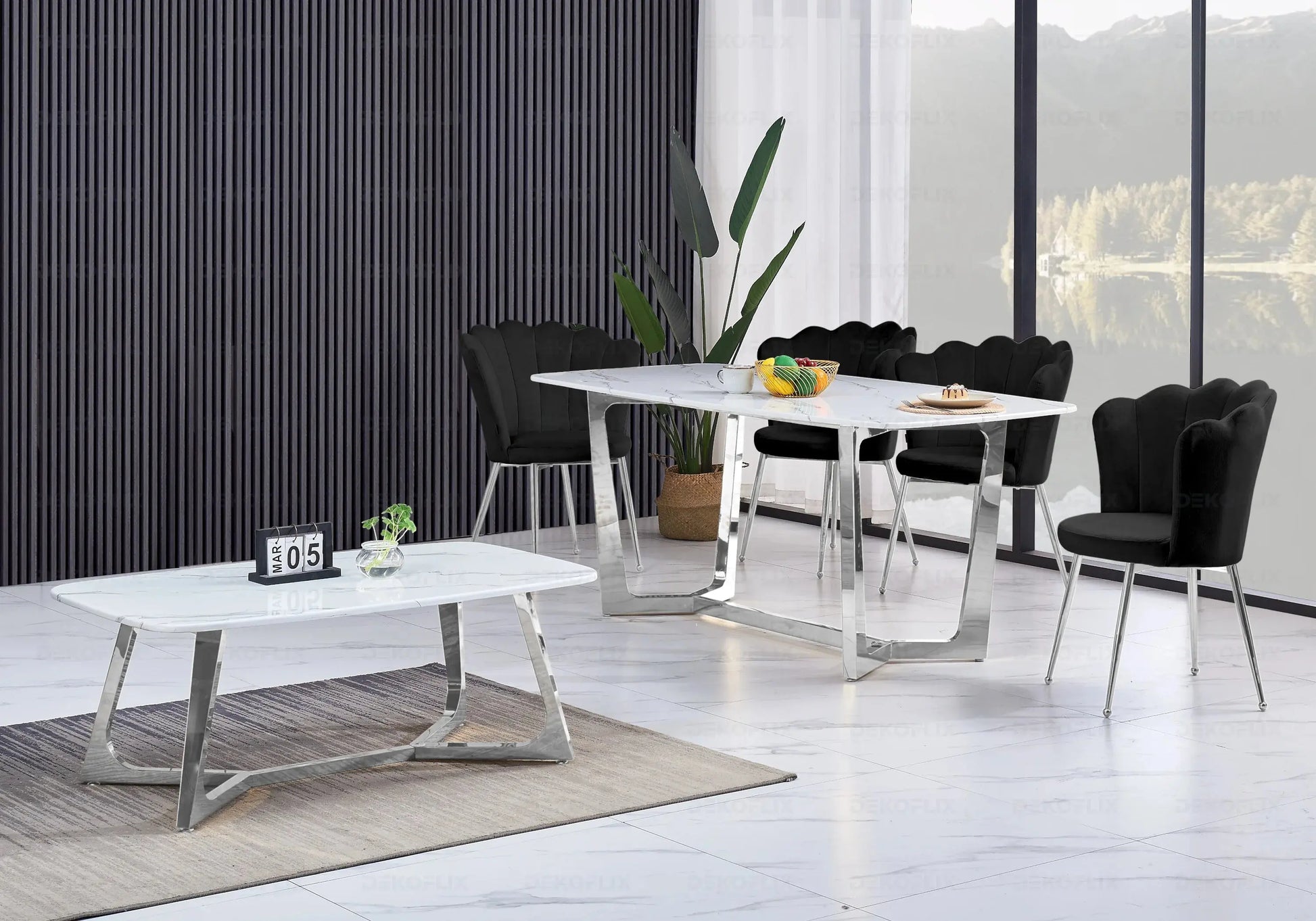 Ensemble table marbre blanc et chaises noires GAYA New Design