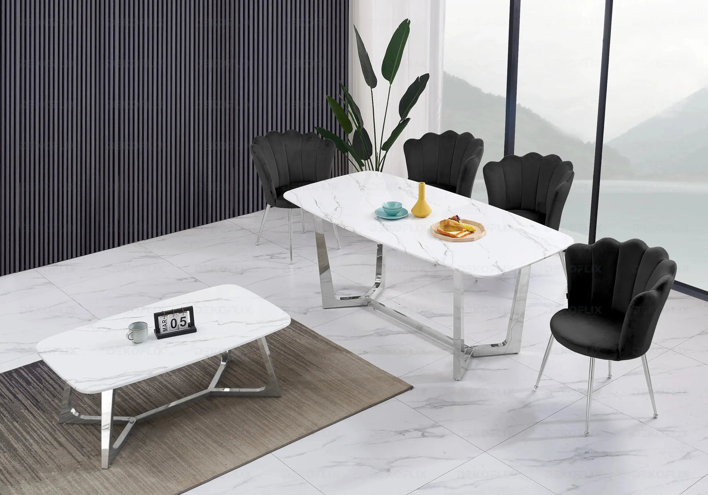 Ensemble table marbre blanc et chaises noires GAYA New Design