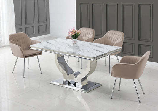 Ensemble table marbre blanc et chaises taupe NEA New Design