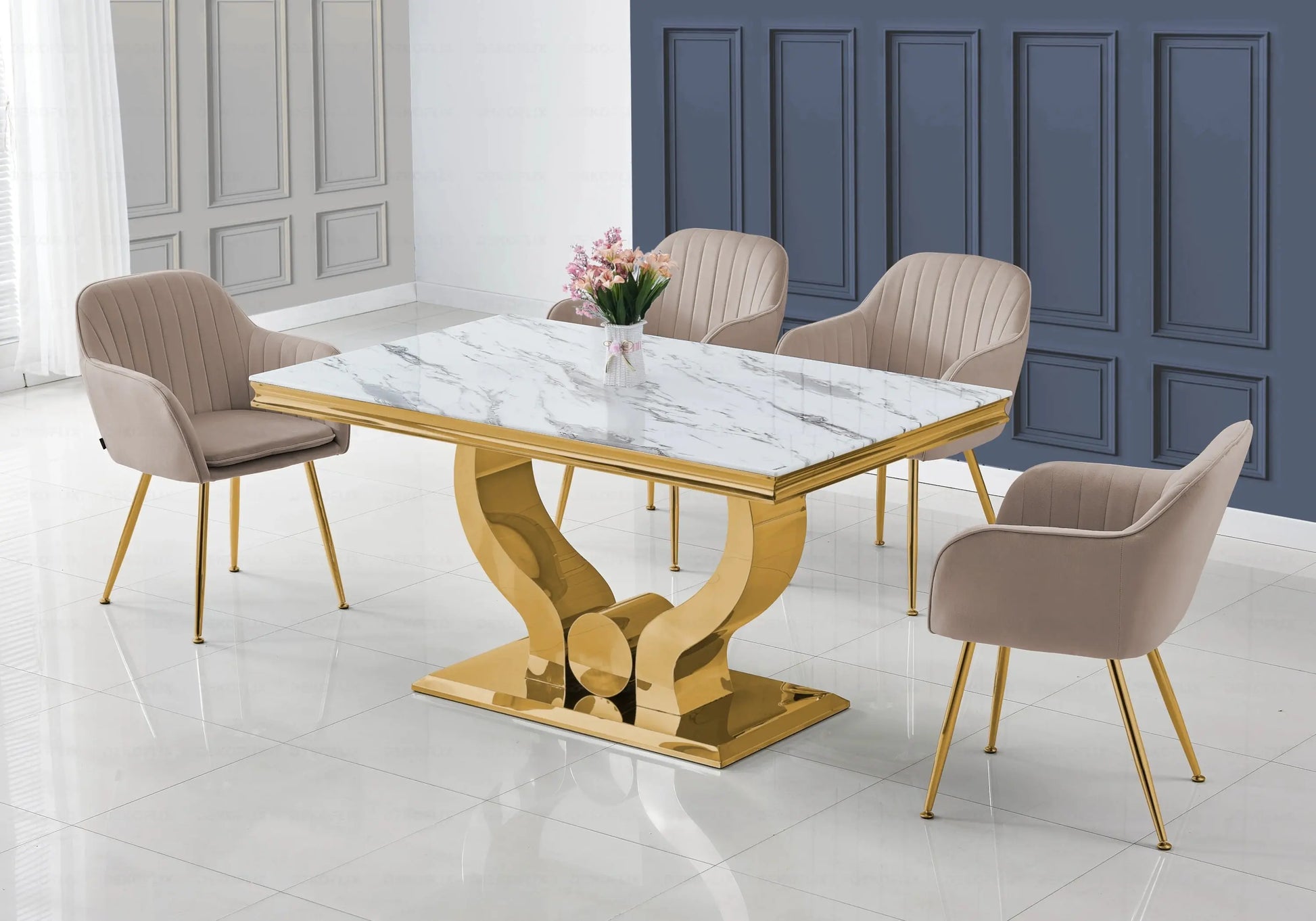 Ensemble table marbre blanc et chaises taupe doré NEA New Design