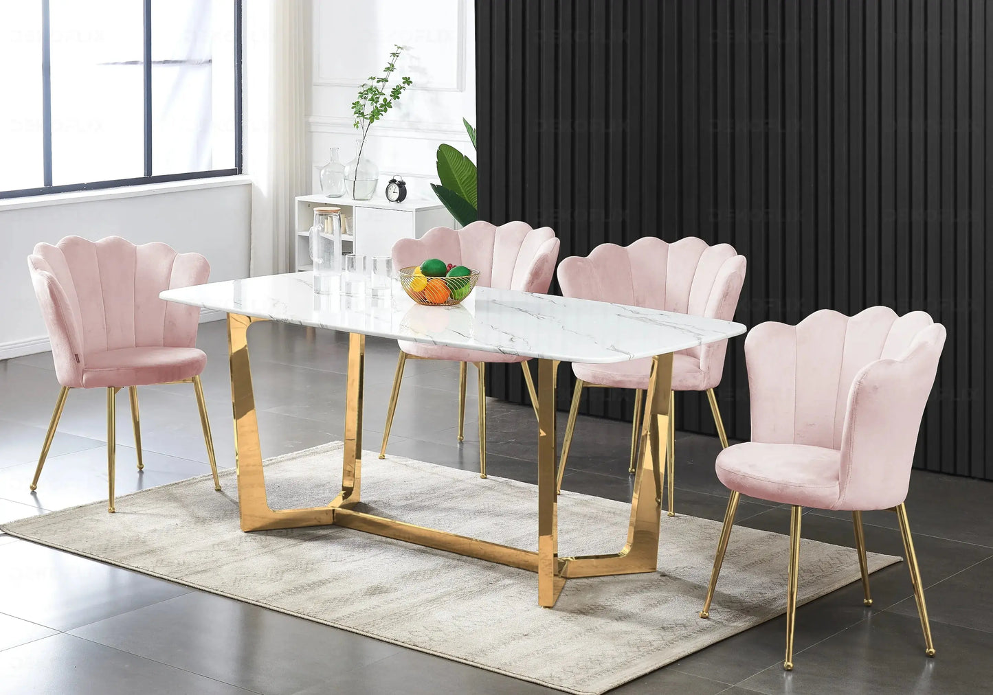 Ensemble table marbre et chaises dorées roses GAYA New Design