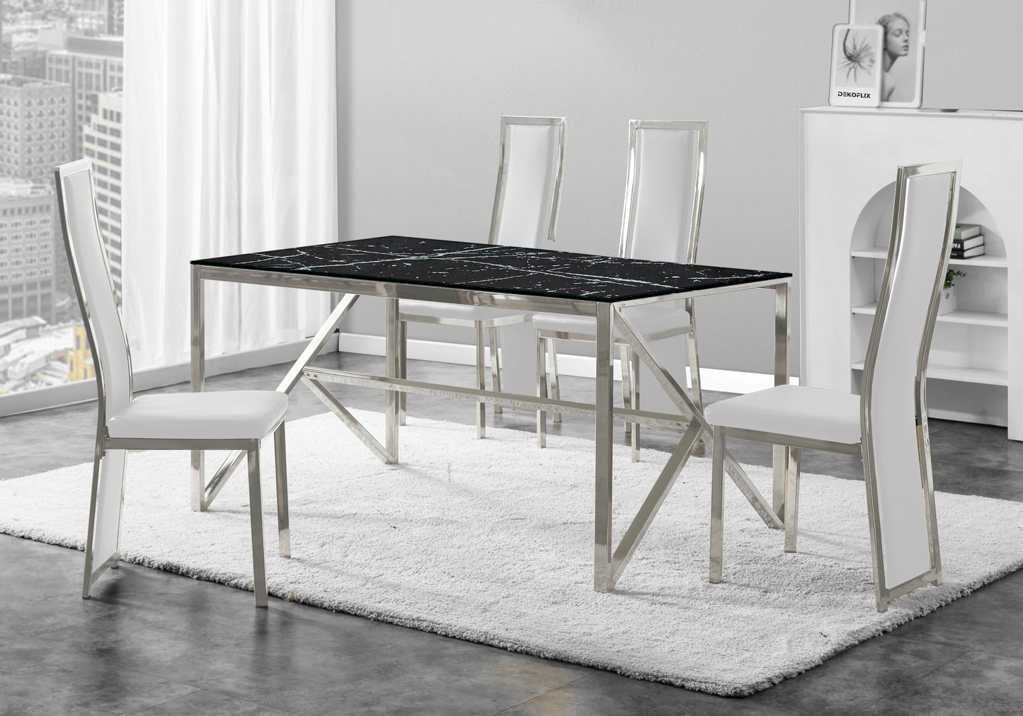 Table marbre noir et 6 chaises simili-cuir argent – Jessy