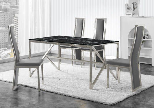 Table marbre noir et 6 chaises simili-cuir argent – Jessy