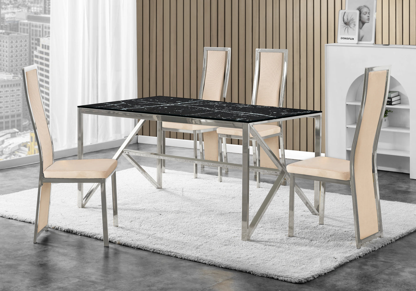 Table marbre noir et 6 chaises velours argent – Jessy