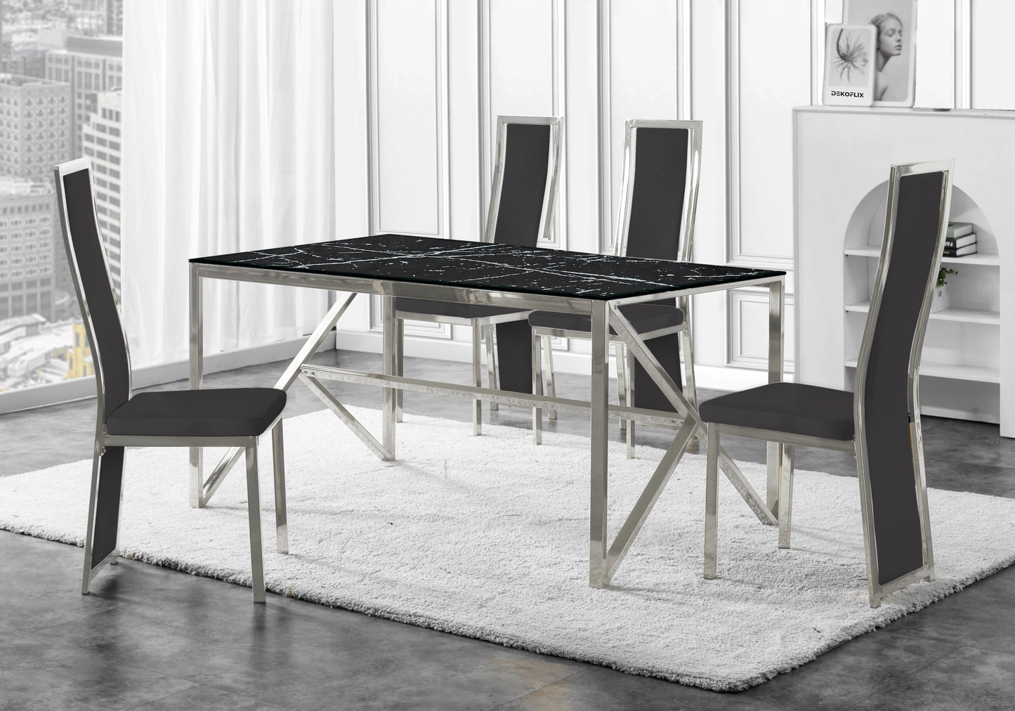 Table marbre noir et 6 chaises velours argent – Jessy